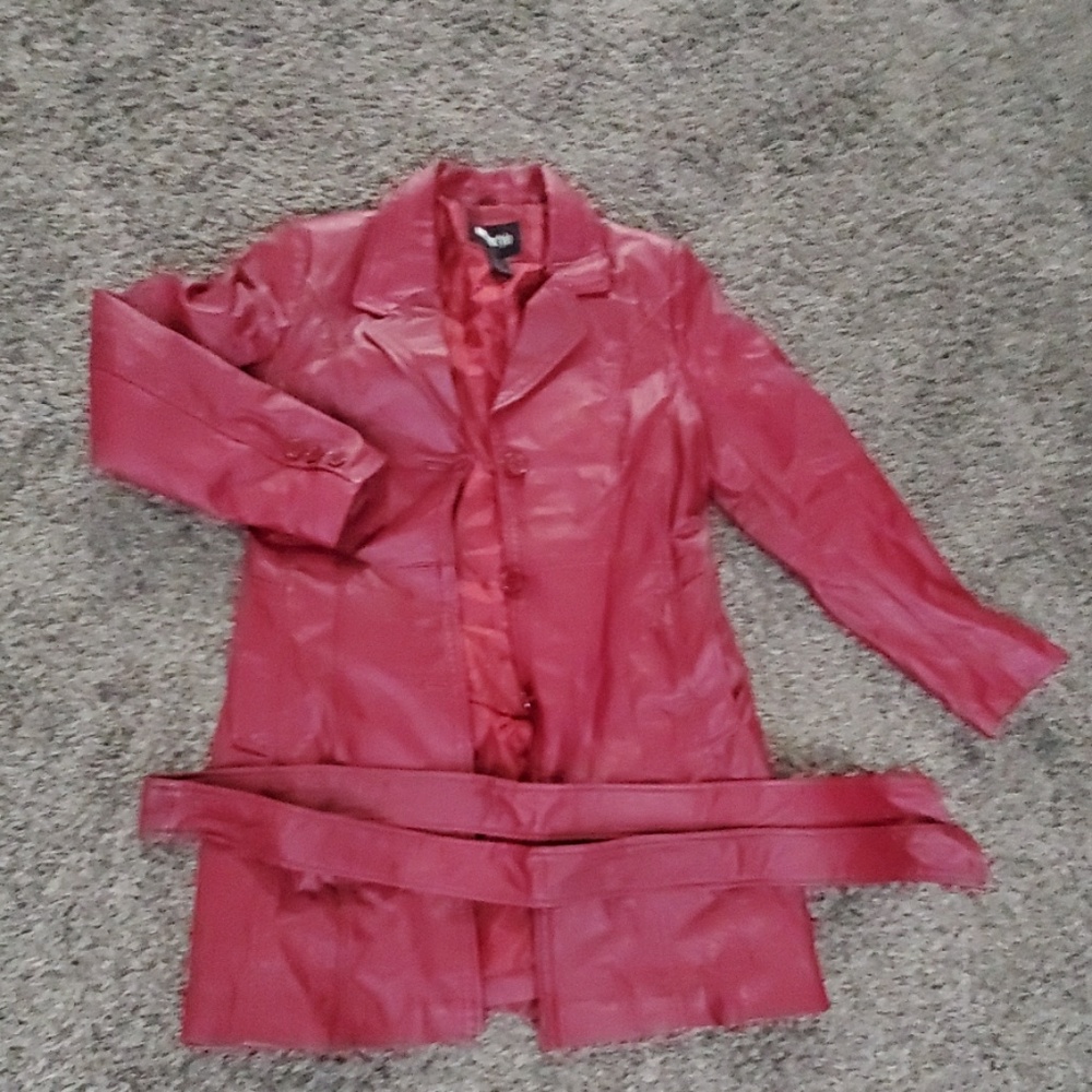 Red Real leather pea coat jacket